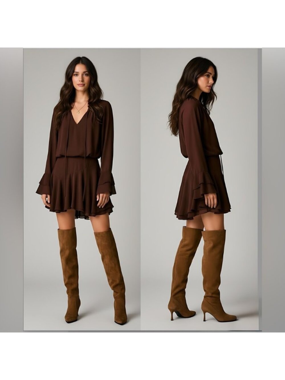 Chocolate Ruffle Tie-Neck Long-Sleeve Chiffon Mini Dress